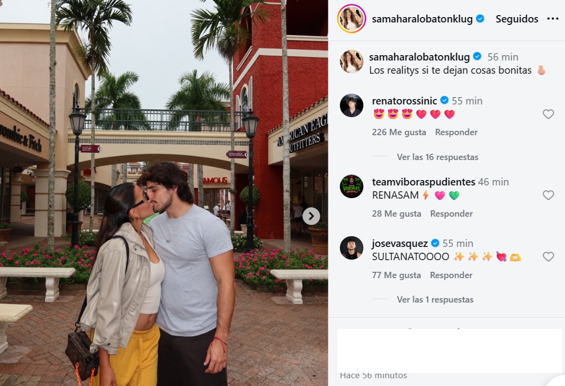 Samahara Lobatón y Renato Rossini Jr. se besan afuera del reality 'El Sultanato' y muchos les desean lo mejor.
