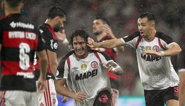 Lanus' defender #13 Jose Maria Canale celebrates scoring his team's second goal during the Recopa Sudamericana second leg final football match between Brazil's Flamengo and Argentina's Lanus at the Maracana Stadium in Rio de Janeiro, Brazil, on February 26, 2026. (Photo by MAURO PIMENTEL / AFP)