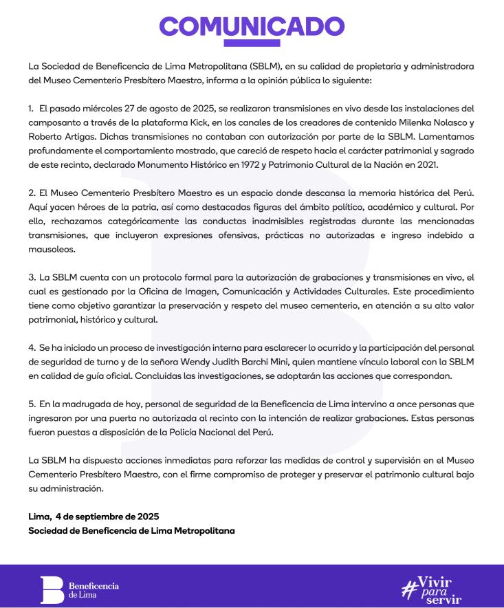 Sociedad de Beneficencia de Lima Metropolitana lanza comunicado tras grabaciones de Milenka Nolasco y Emil en cementerio.