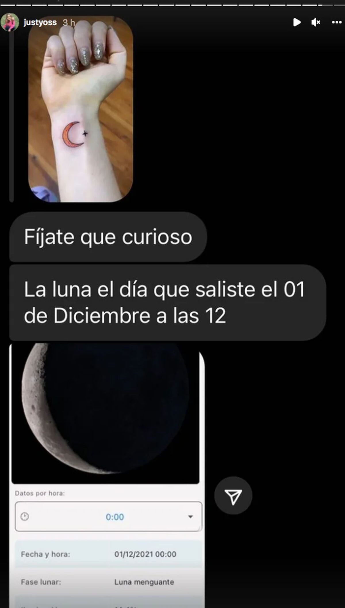 La coincidencia sobre la luna del 1 de diciembre de 2021, fecha en la que la youtuber salió de la cárcel, y el tatuaje en su mano (Foto: YosStop / Instagram)