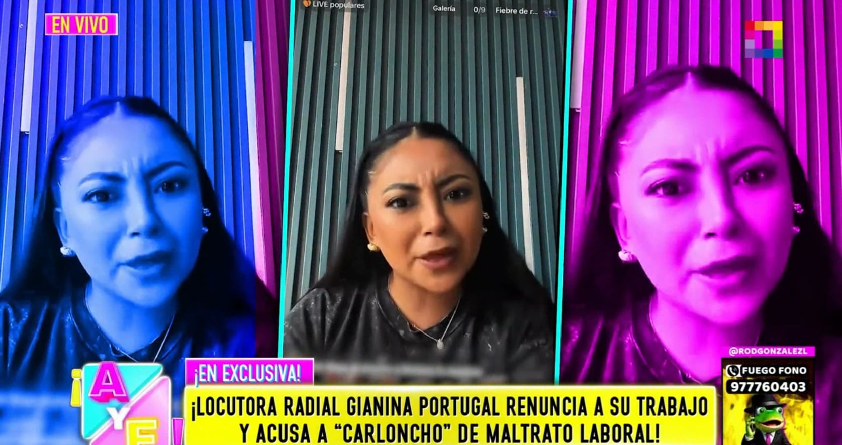 Locutora Gianina Portugal reveló que se encerraba en el baño de la radio para no encontrarse con Carloncho.