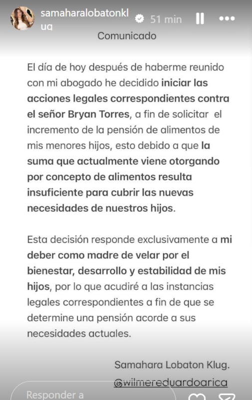 Samahara Lobatón lanza comunicado y anuncia acciones legales contra Bryan Torres por aumento de alimentos para sus hijos.