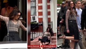 Anne Hathaway se cae durante filmación al romperse su taco en las escaleras