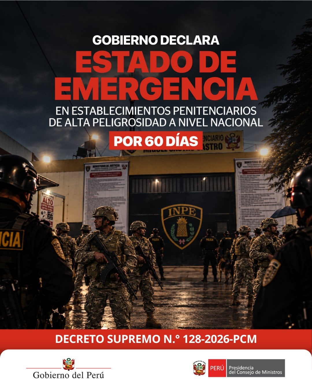 Gobierno declara estado de emergencia en cinco penales de alta peligrosidad y refuerza control penitenciario.