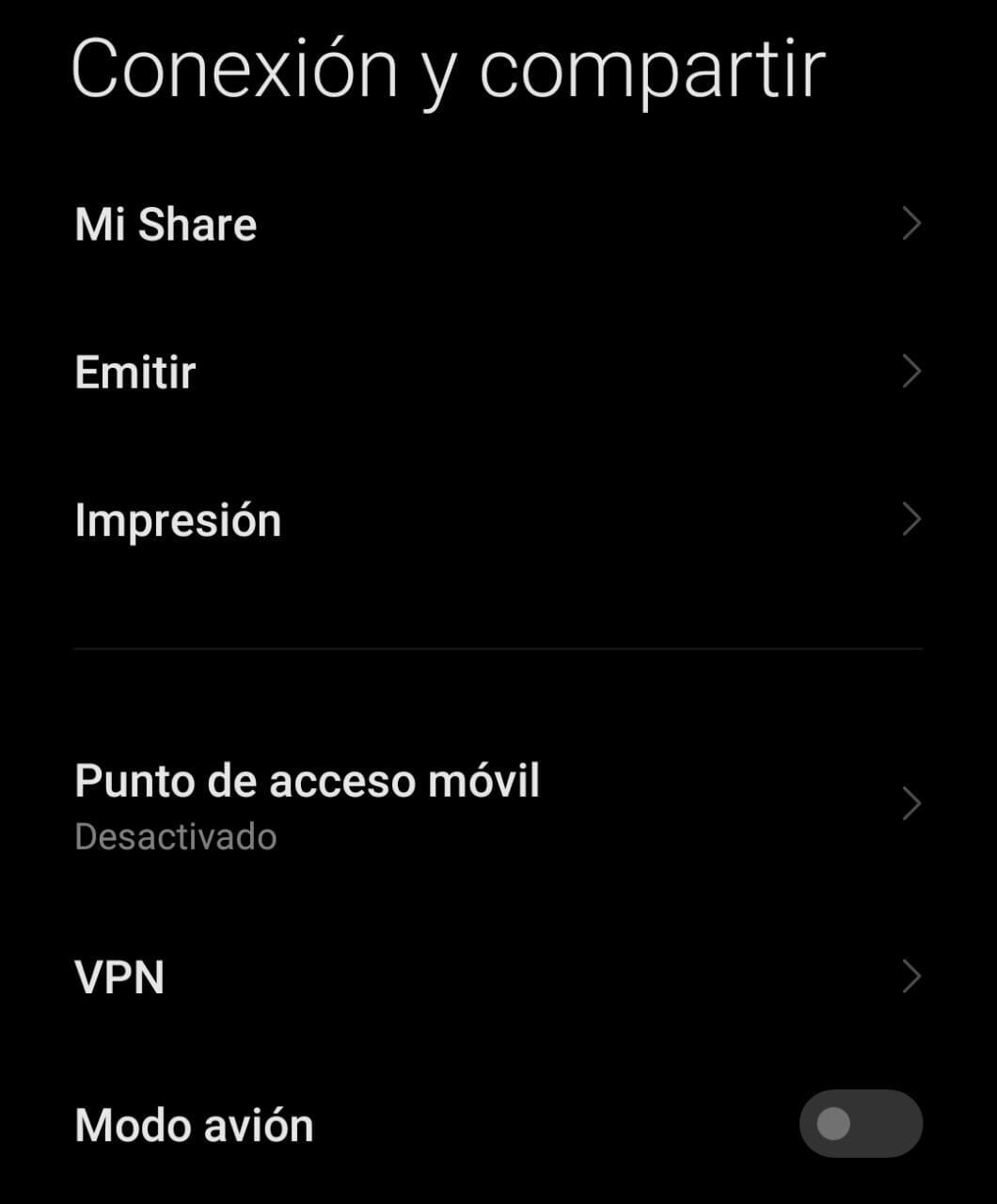 Área de Conexión y compartir de un smartphone Xiaomi POCO X3 Pro.