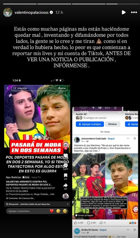 Tiktoker asegura que nunca criticó a Pol Deportes. (Instagram: @valentinopalaciosss)
