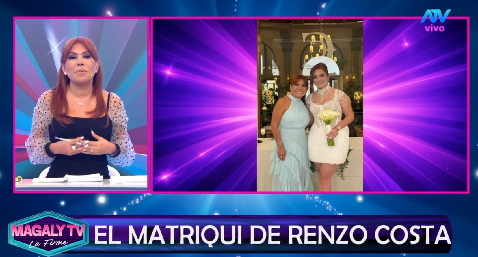 Magaly Medina junto a Thalía Alva, esposa de Renzo Costa, en la boda civil del empresario.