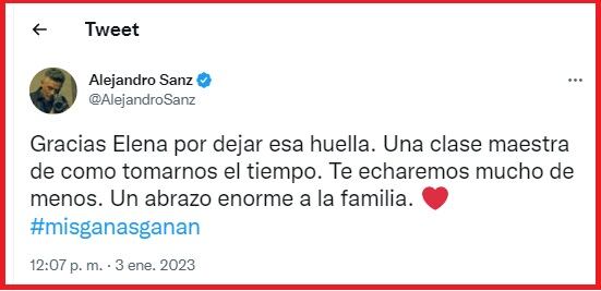 Alejandro Sanz lamenta la muerte de Elena Huelva. (Foto: @AlejandroSanz).