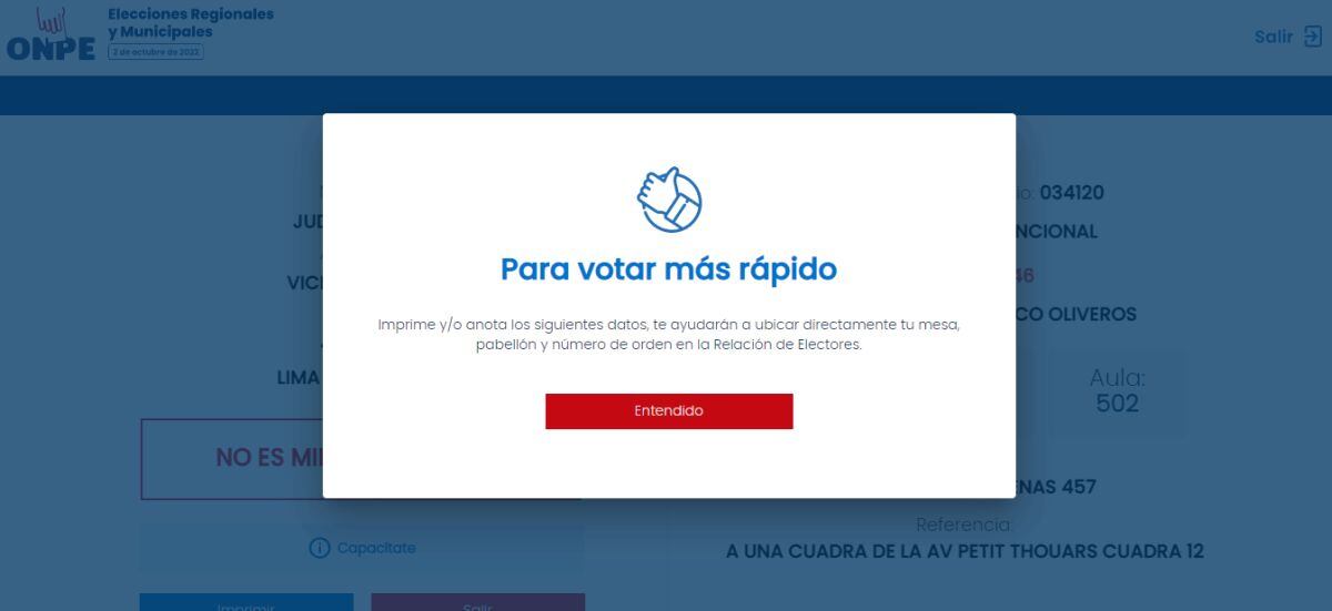 Te recomendarán que anotes los datos para agilizar tu permanencia en tu local de votación (Foto: ONPE)