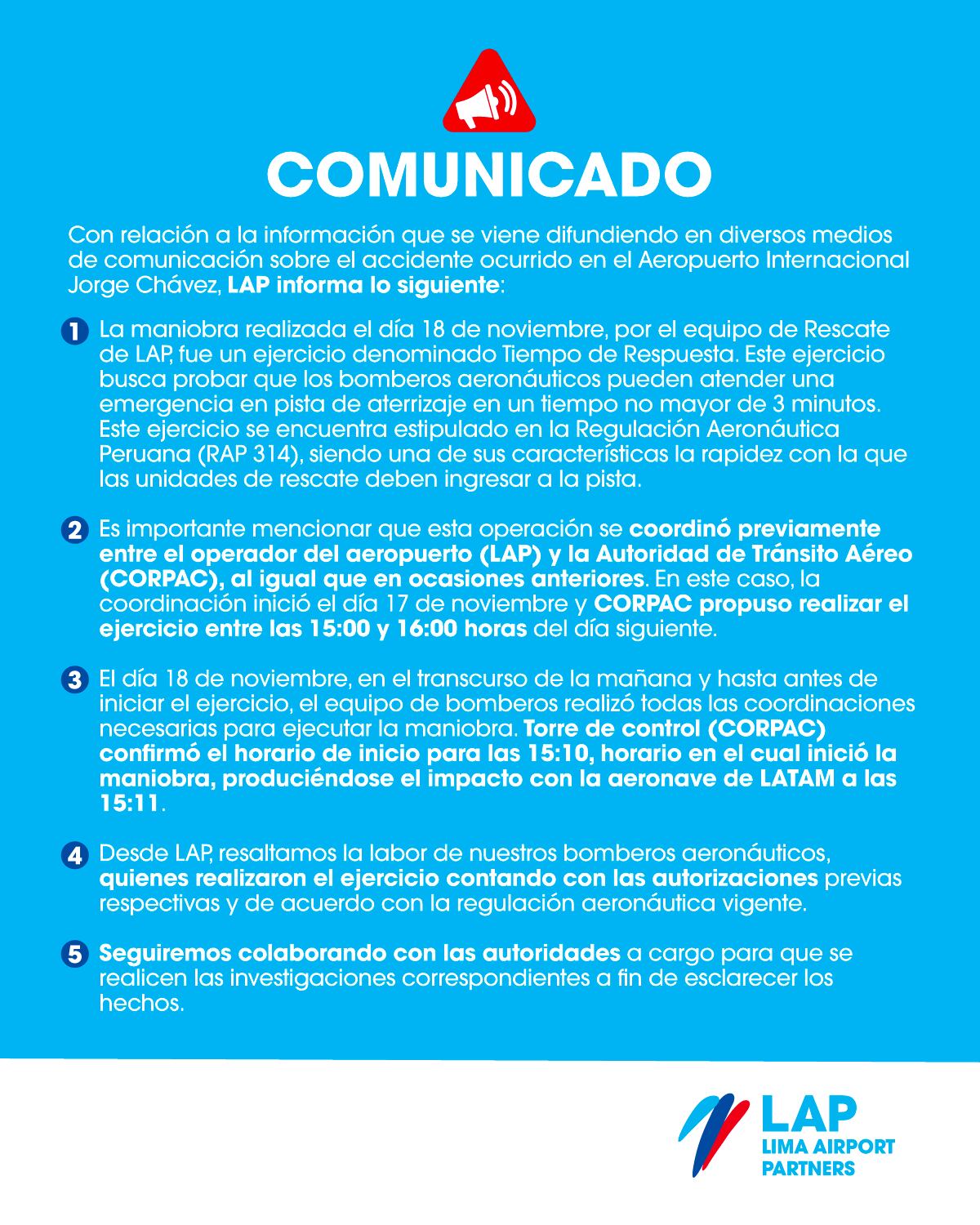 LAP emite comunicado sobre accidente en Aeropuerto Jorge Chávez.