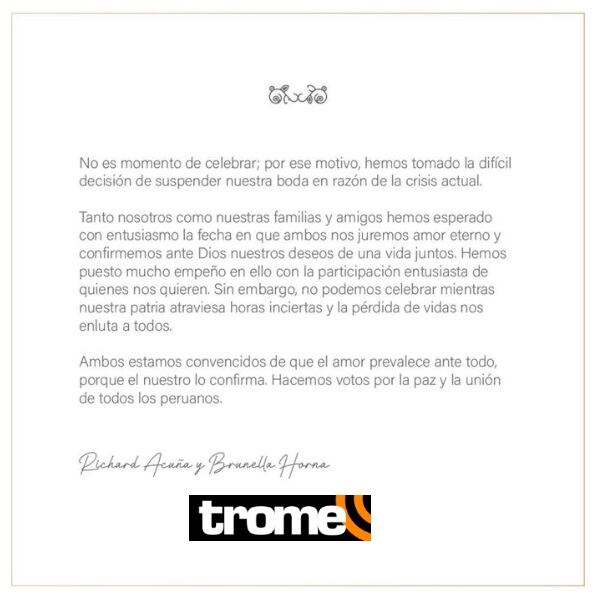 Comunicado de Brunella Horna y Richard Acuña.