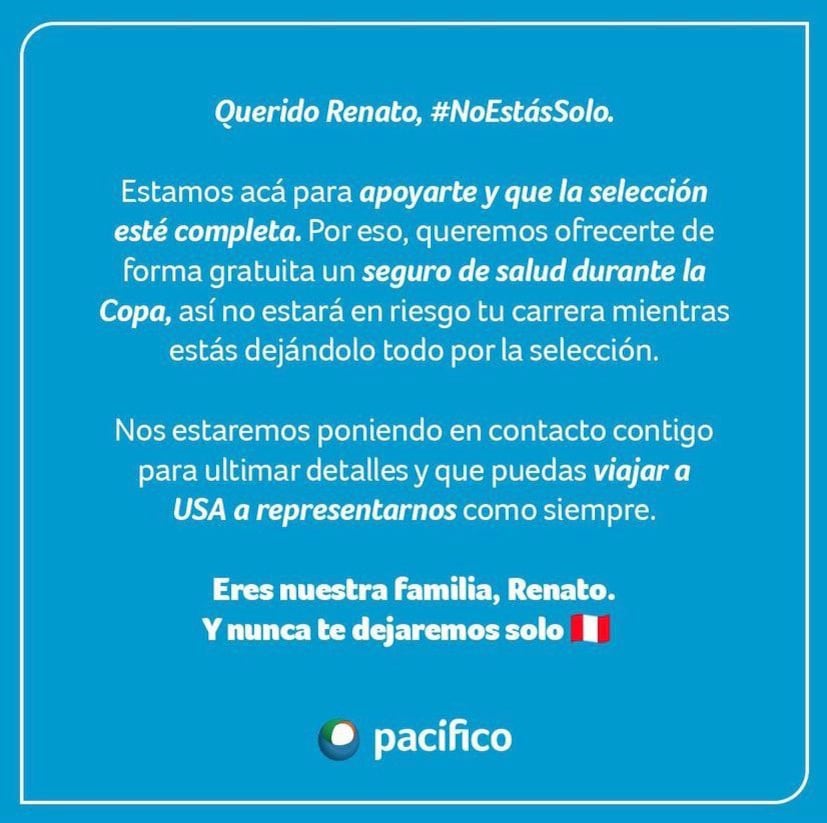 Pacífico ofrece seguro médico a Renato Tapia durante la Copa América.