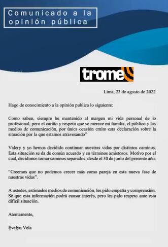 Comunicado de Evelyn Vela.