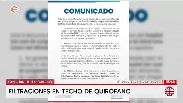 Filtraciones de agua en quirófano de Hospital de San Juan de Lurigancho. Foto: América Noticias