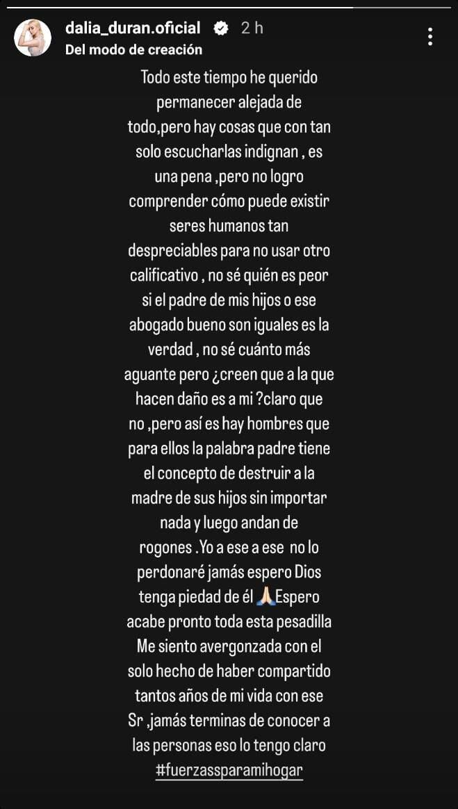 Mensaje de Dalia Durán en sus Stories de Instagram. (Foto: Captura)