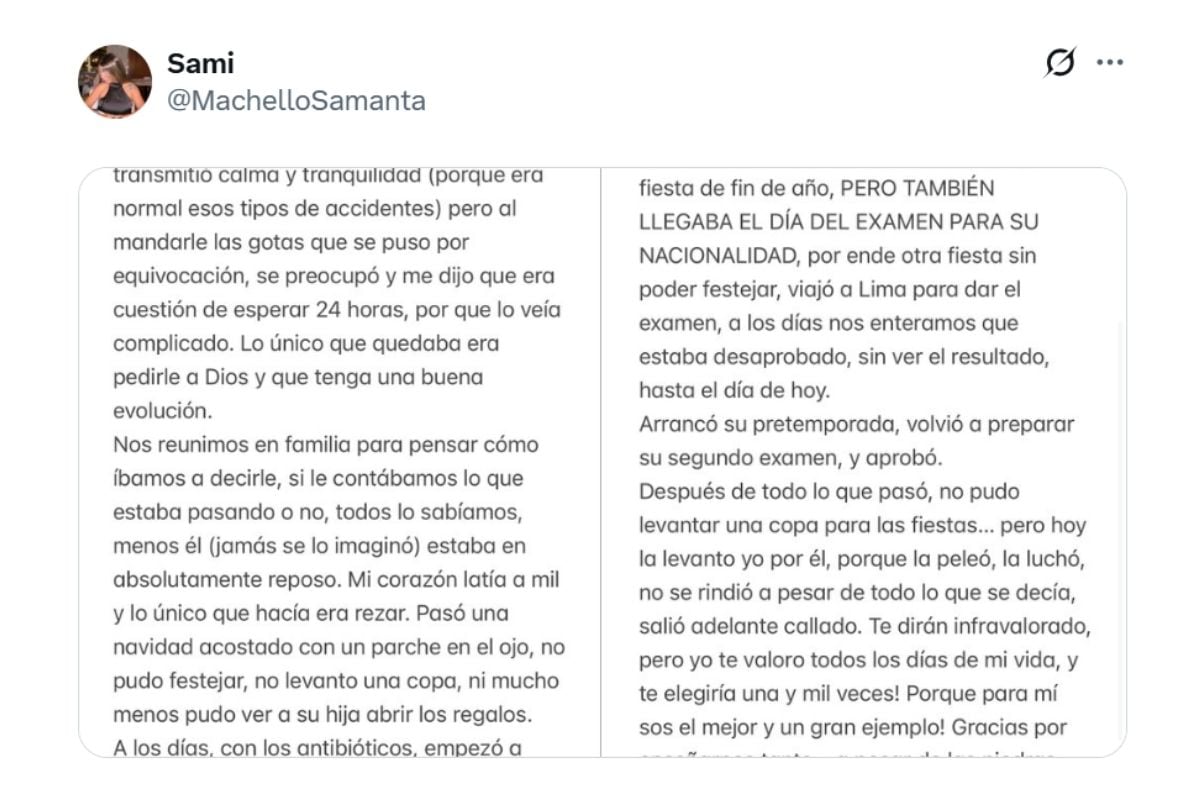 Esposa de defensor crema felicitó esfuerzo del futbolista (@samimachello)