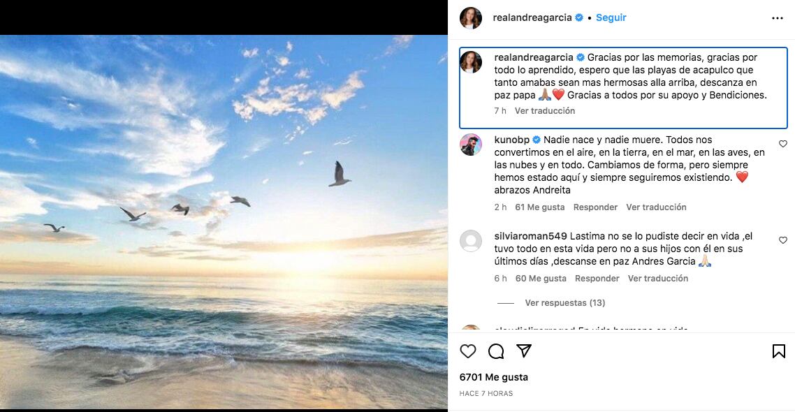 Captura de pantalla del mensaje de Andrea García sobre el fallecimiento de su padre (Foto: Andrea García / Instagram)