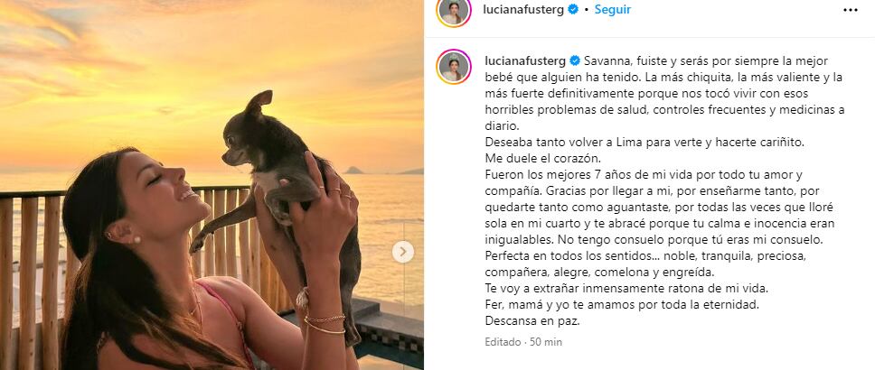 Luciana Fuster lamenta pérdida de su perrita