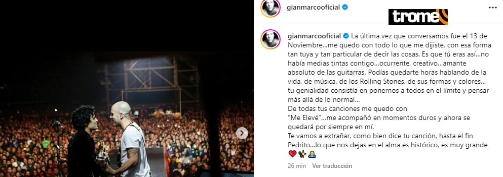 Gian Marco lamento la muerte de Pedro Suárez Vértiz