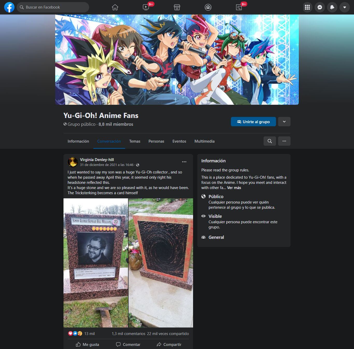 La madre de Simon Hill-Williams compartió en redes sociales la foto de la tumba de su difunto hijo diseñada como si fuera una carta de su pasatiempo favorito. | Crédito: Yu-Gi-Oh! Anime Fans / Facebook