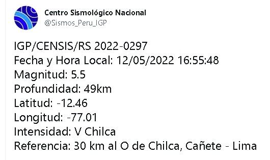 Reporte del IGP, tras sismo.