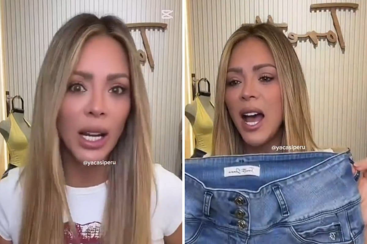 La influencer y ex chica reality, Sheyla Rojas, durante una transmisión de TikTok donde promociona la venta de su marca de pantalones.