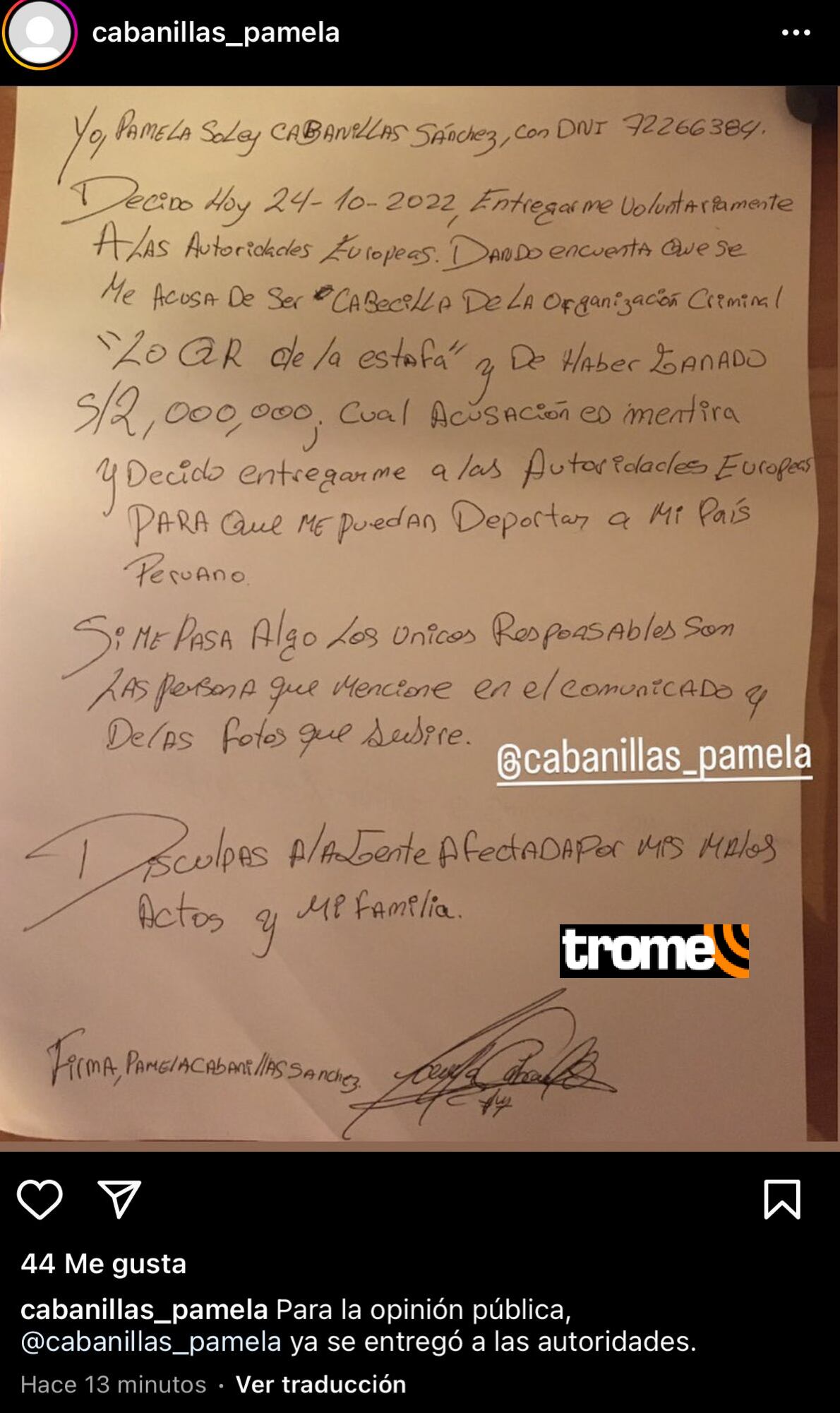 Pamela Cabanillas difunde una carta anunciando que se entregó a la justicia.