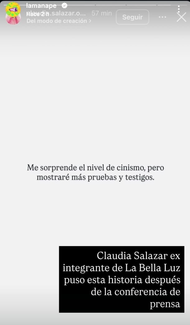 Claudia Salazar anuncia con sacar pruebas tras ser desmentida por el dueño de 'La Bella Luz', quien negó haber sabido que ella sufría acoso por el exdirector musical César Sánchez.