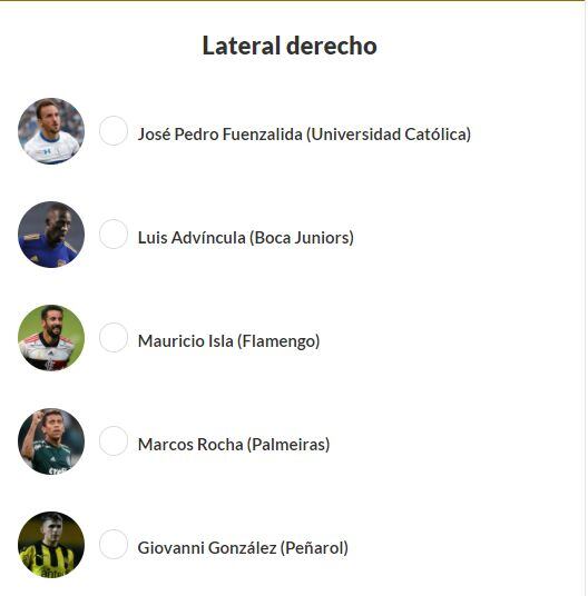 Estos son los nominados en la categoría lateral derecho. (Captura: El País)