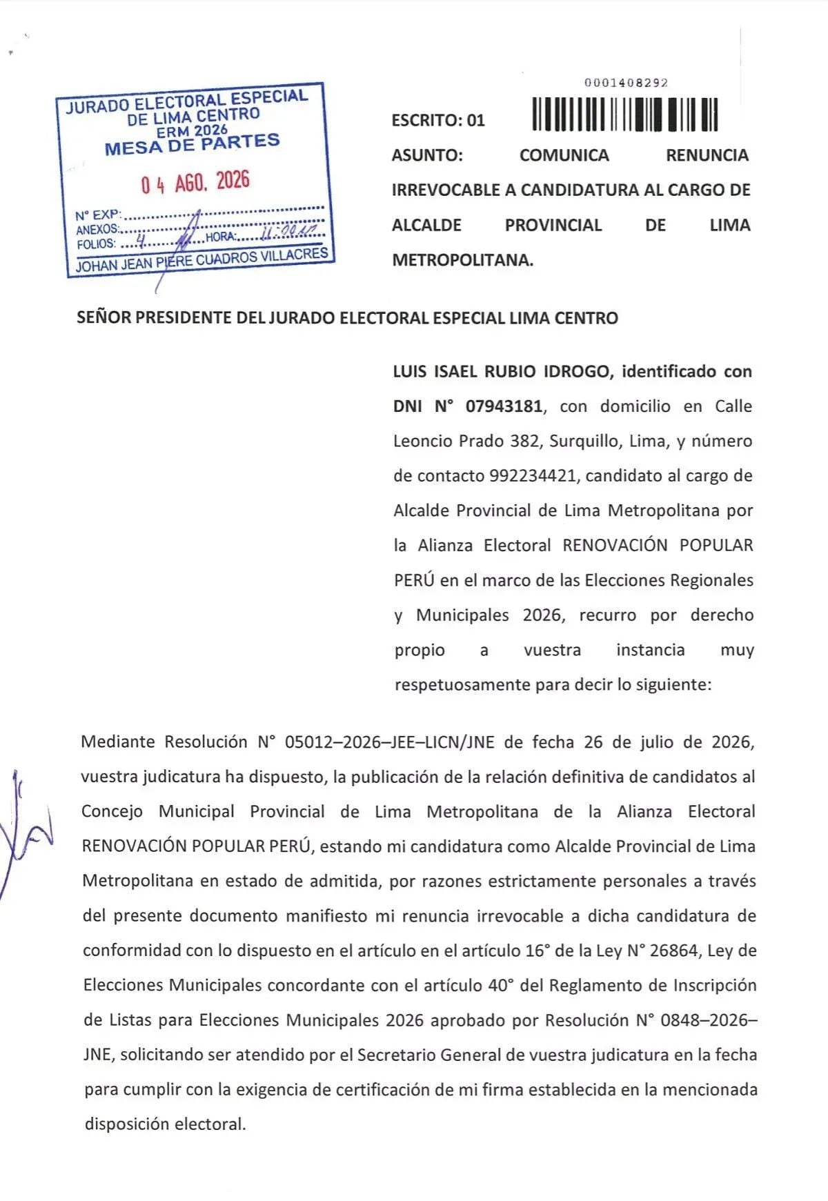 Luis Rubio renunció a candidatura a la alcaldía de Lima