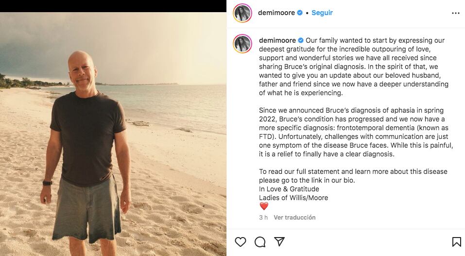 Publicación de Instagram compartida por Demi Moore, Emma Hemming Willis y las hijas de Bruce Willis donde actualizaron sobre su estado de salud (Foto: Demi Moore / Instagram)