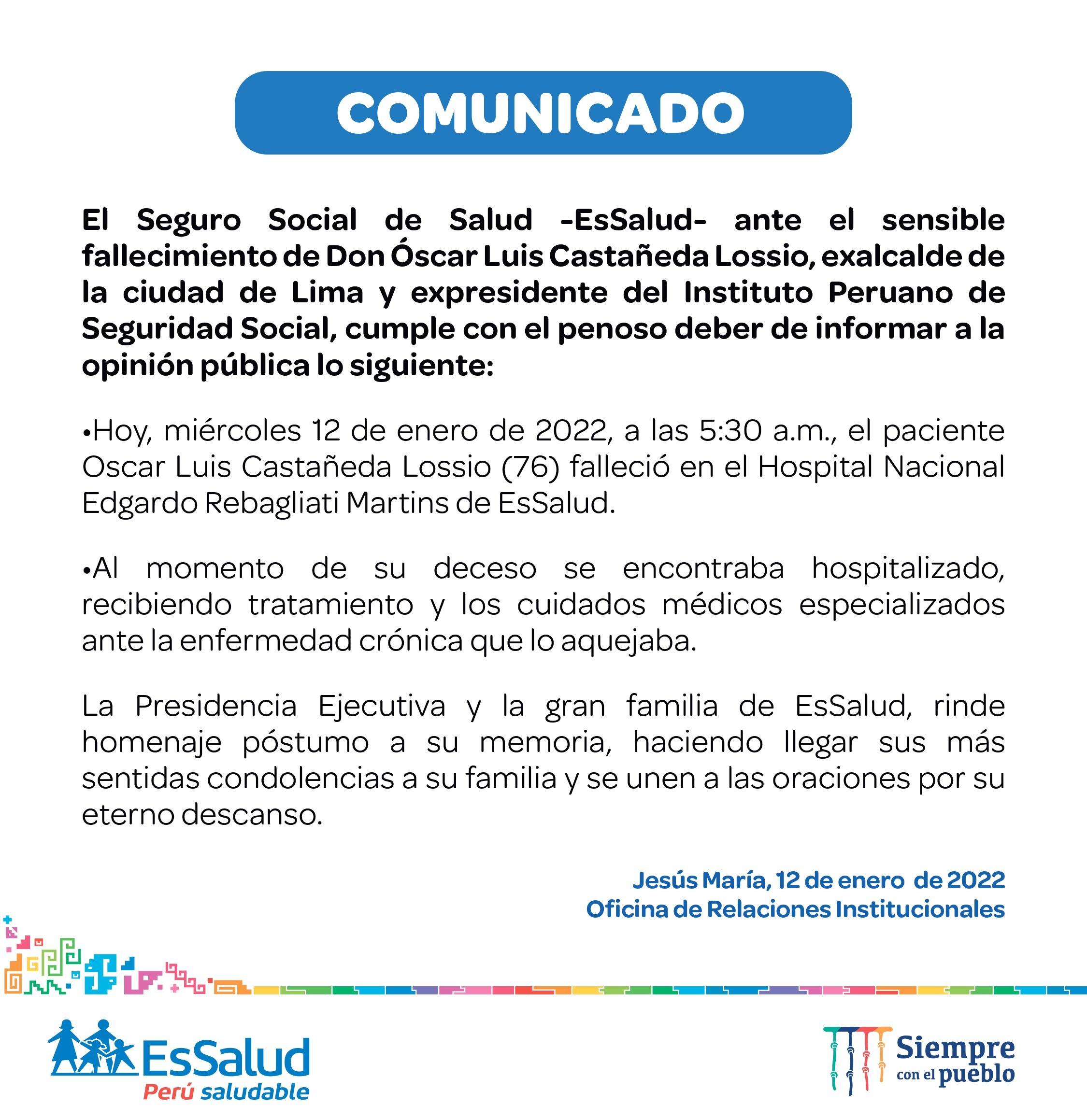 EsSalud se pronuncia sobre deceso del exalcalde de Lima, Castañeda Lossio. Foto: EsSalud
