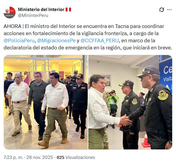 Desde Tacna, el ministro Vicente Tiburcio reafirmó que “las fronteras se respetan” y confirmó el estado de emergencia.