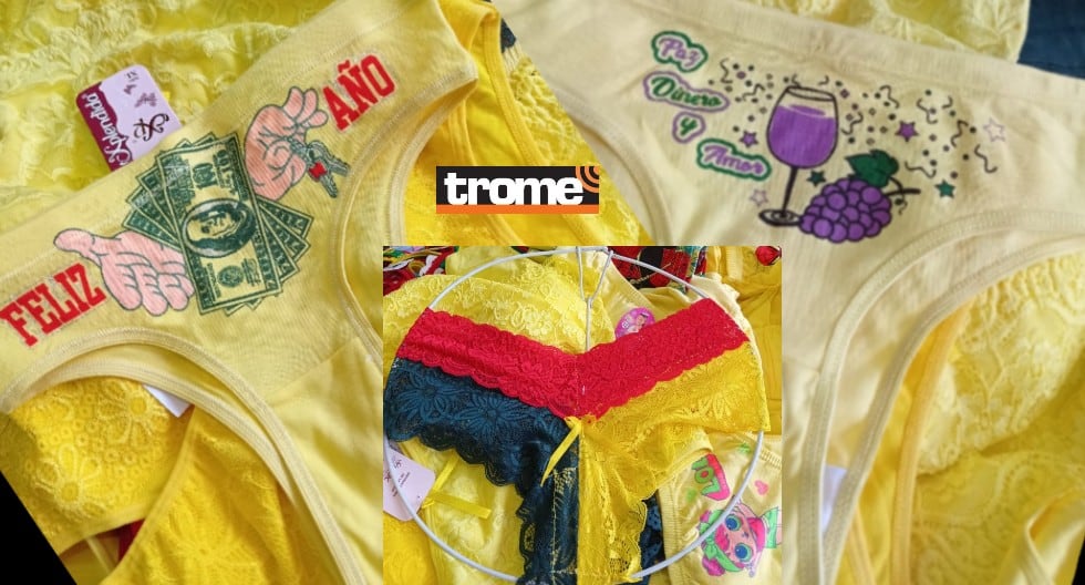Comerciantes 'rayan' con la venta de calzones amarillos de ocurrentes frases para recibir al 2022. (Trome / Isabel Medina)