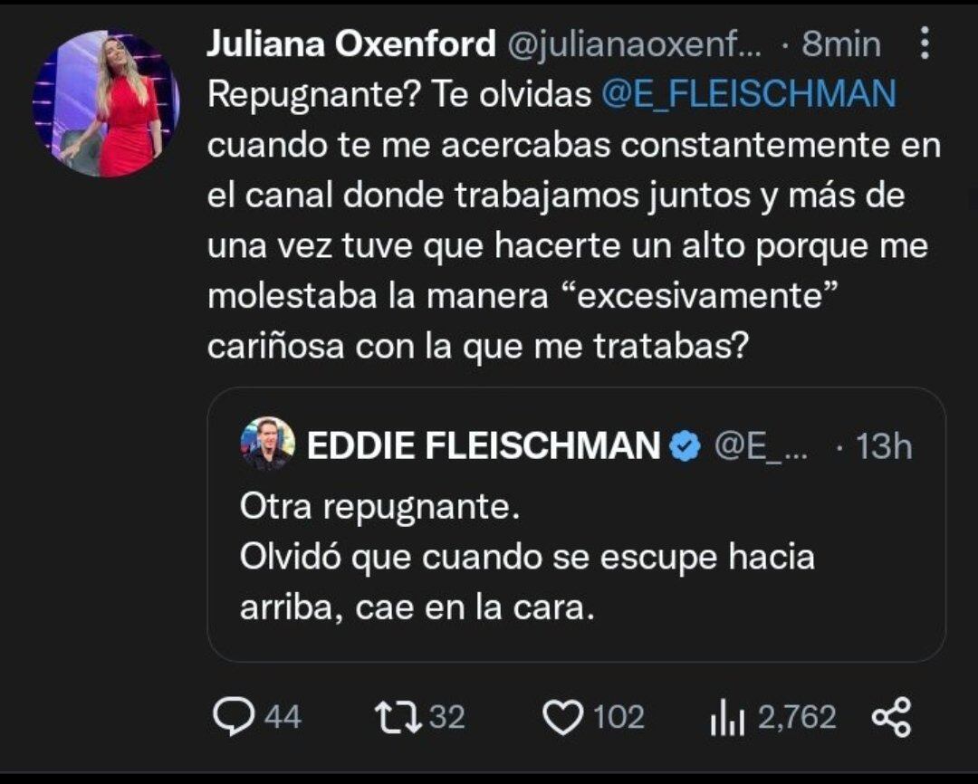 Juliana Oxenford le responde a Eddie Fleischman. (Twitter/@julianaoxenford)