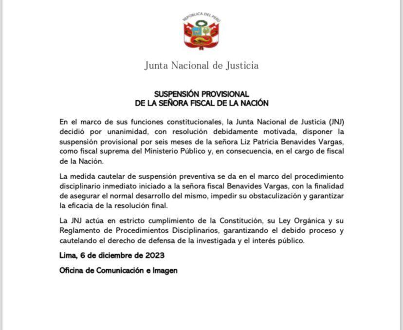 La Junta Nacional de Justicia comunicó así la suspensión de Patricia Benavides.