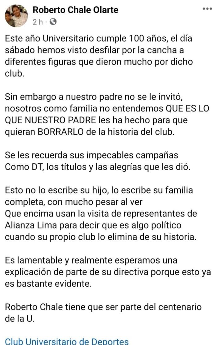 Comunicado de familia de Roberto Chale.