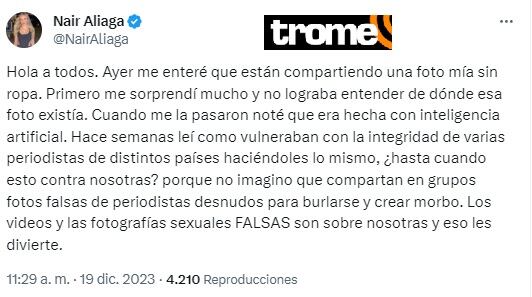 Periodista Nair Aliaga hace grave denuncia.