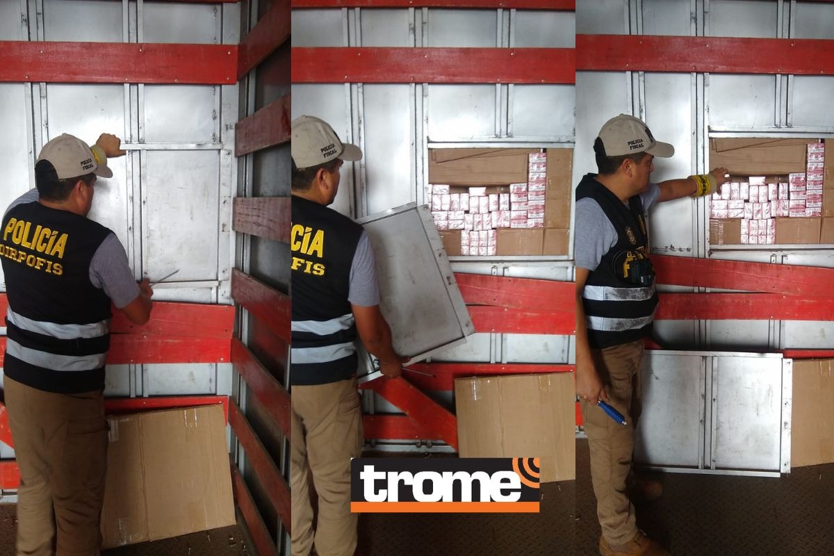 Momento en que la Policía Fiscal encuentra la caleta en el camión. Estaba lleno de cigarrillos de dudosa procedencia.