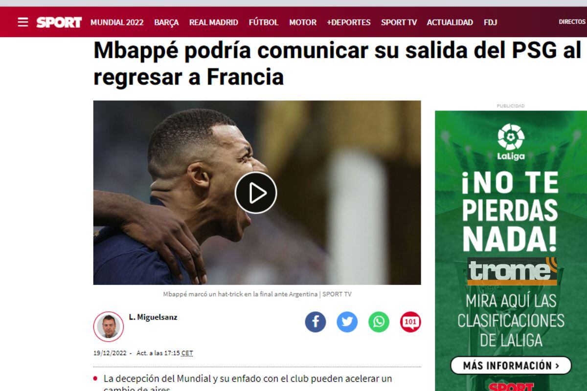 Diario español asegura salida de Mbappe de PSG (@Sport)