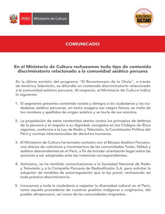 Ministerio de Cultura envía comunicado tras sketch en El Reventonazo