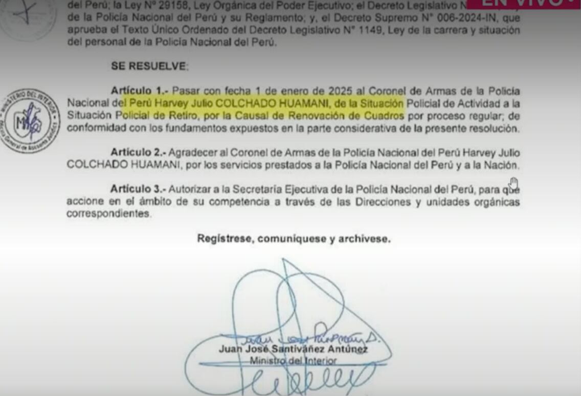 Resolución ministerial pasa al retiro a Harvey Colchado