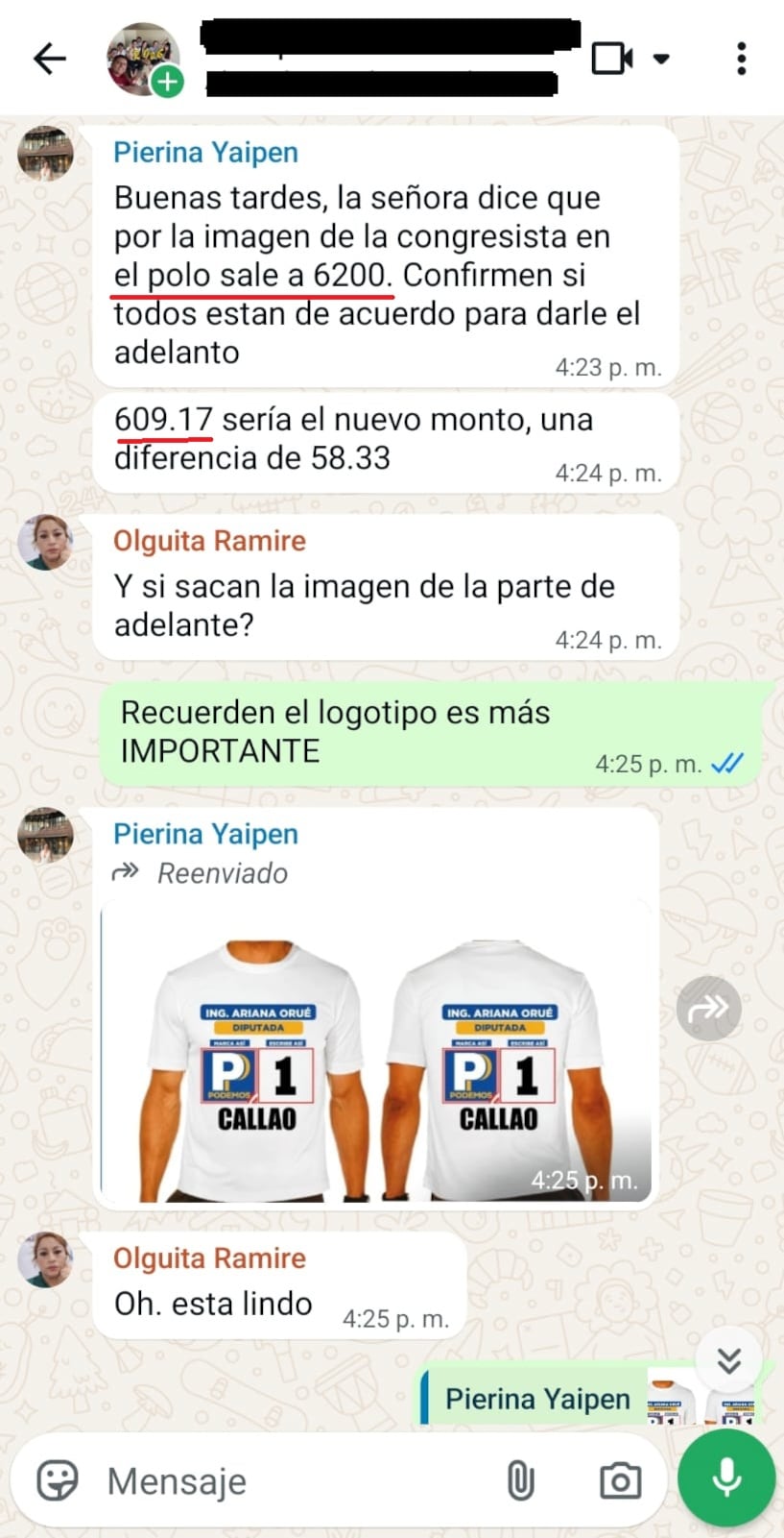 Según chats los trabajadores de Ariana Orué asumían impresiones de polos y otros por más de S/ 6000 soles y paneles publicitarios por más de S/ 30 000. (Foto: Captura)