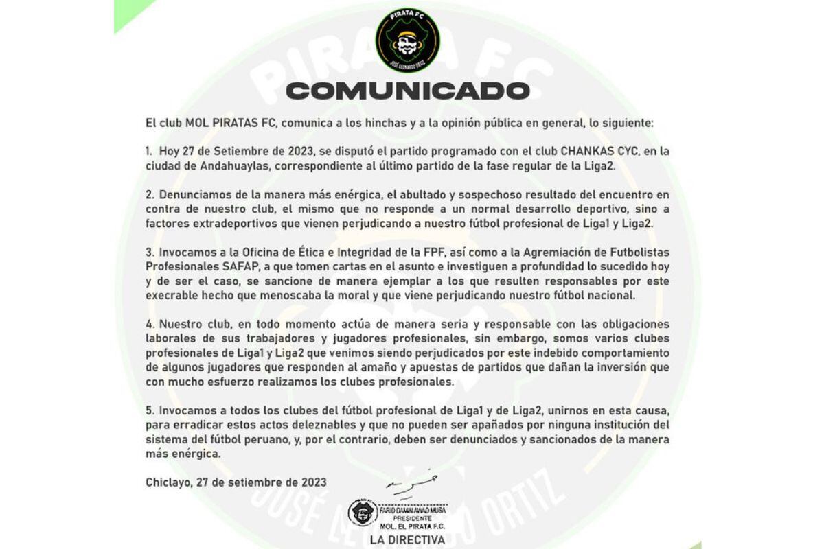 Directiva envió comunicado a la Opinión Pública (@piratafc)