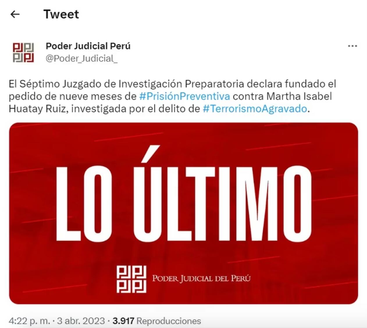 Poder Judicial se pronunció a través de su cuenta de Twitter. Foto: captura Twitter.