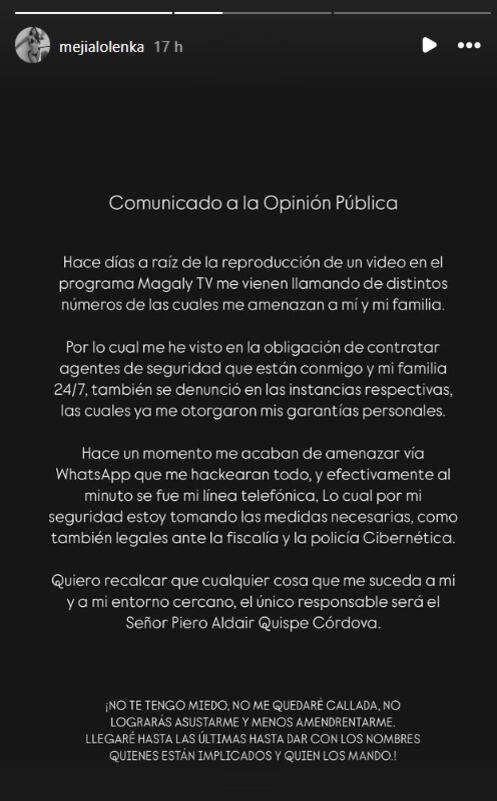 Olenka Mejía lanza comunicado tras recibir nueva amenaza.