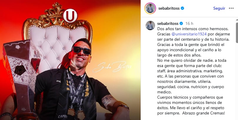 Emotiva despedida de Sebastián Britos de Universitario | Foto: IG