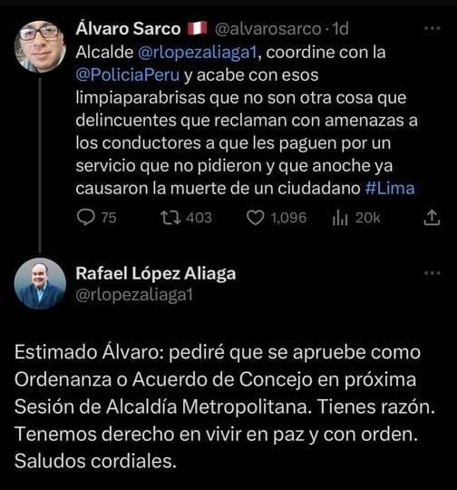 Un usuario de Twitter le hace la petición a RLA de prohibir el trabajo de limpiaparabrisas. Foto: Twitter