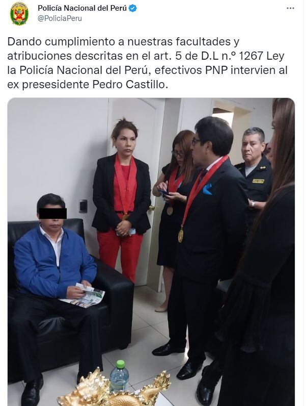 Policía confirma detención de Pedro Castillo