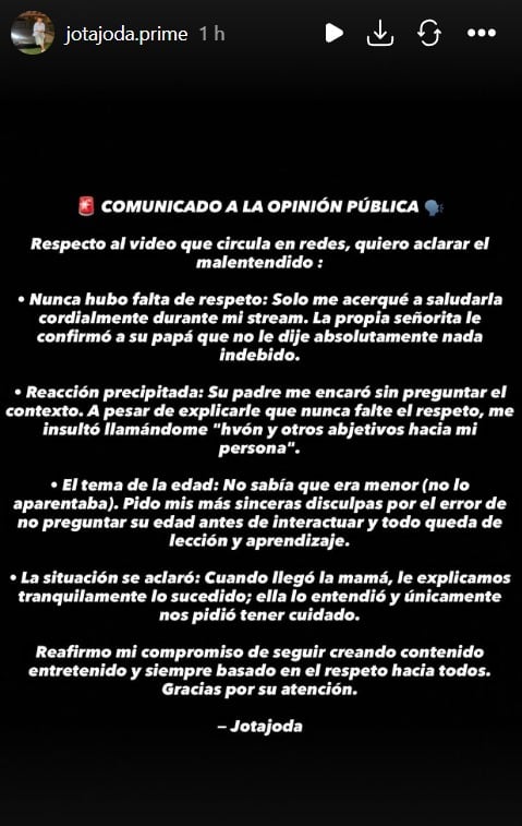 Comicado de streamer tras polémica con menor de edad.